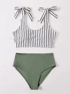 Shein Striped Knot Shoulder Bikini Swimsuit