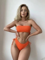 Shein Rib Drawstring Side Bandeau Bikini Swimsuit