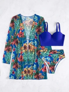 Shein 3pack Tropical Print Push Up High Waisted Bikini Swimsuit & Kimono