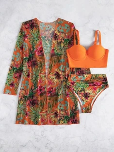 Shein 3pack Tropical Print Push Up High Waisted Bikini Swimsuit & Kimono