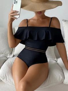 Shein Ruffle Mesh Trim One Piece Swimsuit