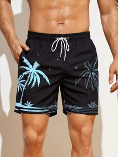 Shein Men Palm Tree Print Drawstring Waist Swim Trunks
