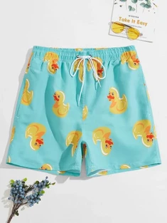 Shein Men Random Cartoon Duck Print Swim Trunks