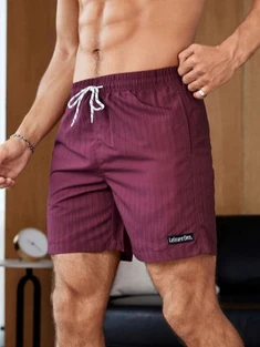 Shein Men Random Geo Print Letter Patched Drawstring Waist Swim Trunks