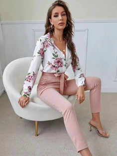Shein Floral Print Blouse & Slant Pocket Belted Pants
