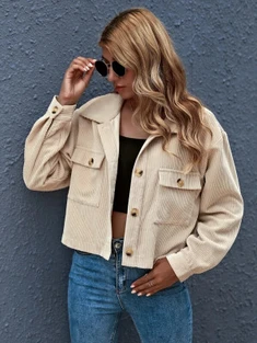 Shein Button Front Patch Pocket Cord Jacket