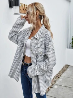 Shein Plaid Print Single Breasted Drop Shoulder Tweed Coat