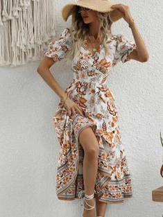 Shein Allover Floral Print Puff Sleeve Surplice Neck Dress