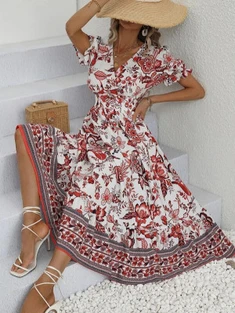 Shein Allover Floral Print Puff Sleeve Surplice Neck Dress