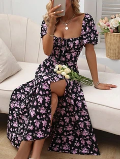 Shein Allover Floral Knot Split Thigh A-line Dress