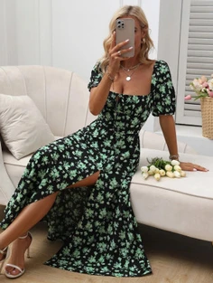 Shein Allover Floral Knot Split Thigh A-line Dress