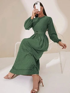 Shein Polka Dot Print Lantern Sleeve Belted Dress