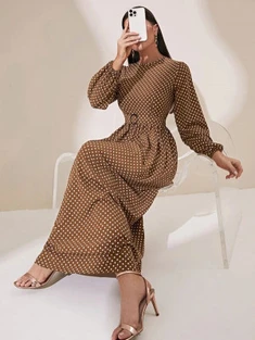 Shein Polka Dot Print Lantern Sleeve Belted Dress