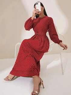 Shein Polka Dot Print Lantern Sleeve Belted Dress