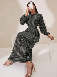 Shein Polka Dot Print Lantern Sleeve Belted Dress