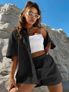 Shein Solid Button Through Top & Shorts Set