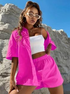 Shein Solid Button Through Top & Shorts Set