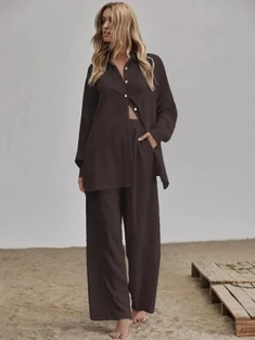 Shein Slit Hem Longline Blouse & Wide Leg Pants Set