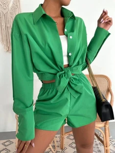 Shein Solid Button Front Drop Shoulder Blouse & Shorts