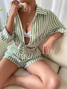 Shein Striped Button Through Blouse & Shorts Set