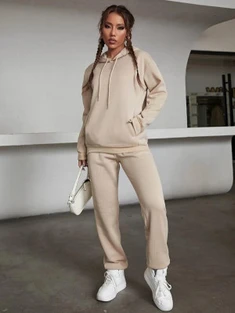 Shein Solid Drawstring Detail Thermal Lined Sweatshirt & Sweatpants