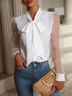 Shein Contrast Polka Dot Mesh Tie Neck Blouse