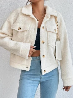 Shein Button Front Flap Pocket Drop Shoulder Teddy Jacket