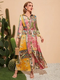 Shein Patchwork Print Split Hem Belted Shirt Dress