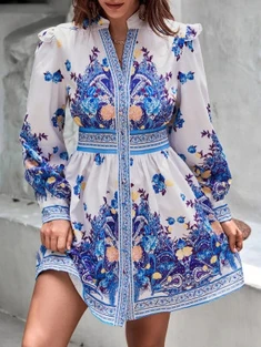 Shein Floral Print Notched Neck Dress