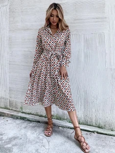 Shein Allover Print Button Up Belted Shirt Dress