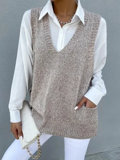 Shein Marled Knit Dual Pocket Sweater Vest Without Blouse