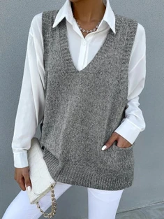 Shein Marled Knit Dual Pocket Sweater Vest Without Blouse