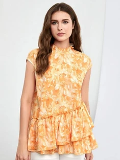 Shein Allover Floral Print Frill Trim Peplum Blouse