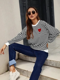 Shein Striped And Heart Patched Drop Shoulder Sweatshirt