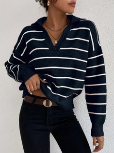 Shein Striped Notched Drop Shoulder Sweater