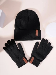 Shein Letter Patch Decor Gloves & Cuff Beanie
