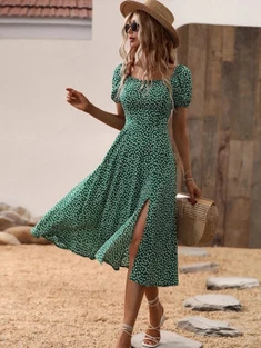 Shein Ditsy Floral Print Puff Sleeve Split Thigh Dress