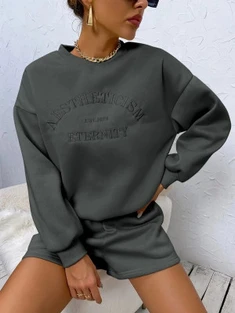 Shein Letter Embroidery Drop Shoulder Sweatshirt & Shorts