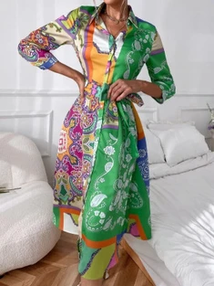 Shein Color-block Paisley Print Belted Shirt Dress