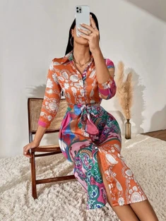 Shein Color-block Paisley Print Belted Shirt Dress