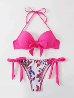 Shein Tropical Print Knot Front Halter Push Up Bikini Swimsuit