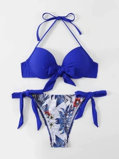 Shein Tropical Print Knot Front Halter Push Up Bikini Swimsuit