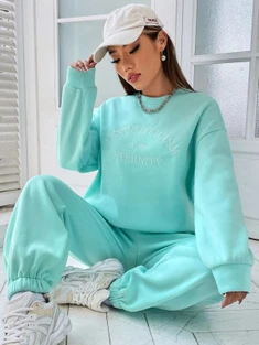 Shein Letter Embroidery Drop Shoulder Sweatshirt & Sweatpants