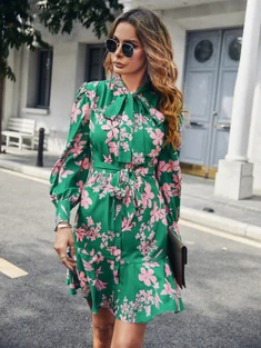 Shein Floral Print Puff Sleeve Ruffle Hem Tie Neck Belted Dress
