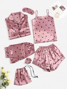 Shein 7pcs Heart Print Contrast Binding Satin PJ Set