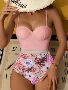 Shein Random Tropical & Pineapple Print Push Up One Piece Swimsuit