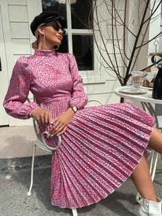 Shein Random Leopard Print Lantern Sleeve Pleated Dress