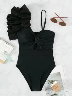 Shein Ruffle Trim Asymmetrical Neck One Piece Swimsuit