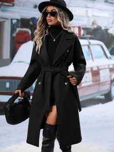 Shein Lapel Neck Double Breasted Belted Overcoat