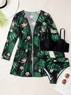Shein Tropical Print Push Up Hipster Bikini Swimsuit & Kimono